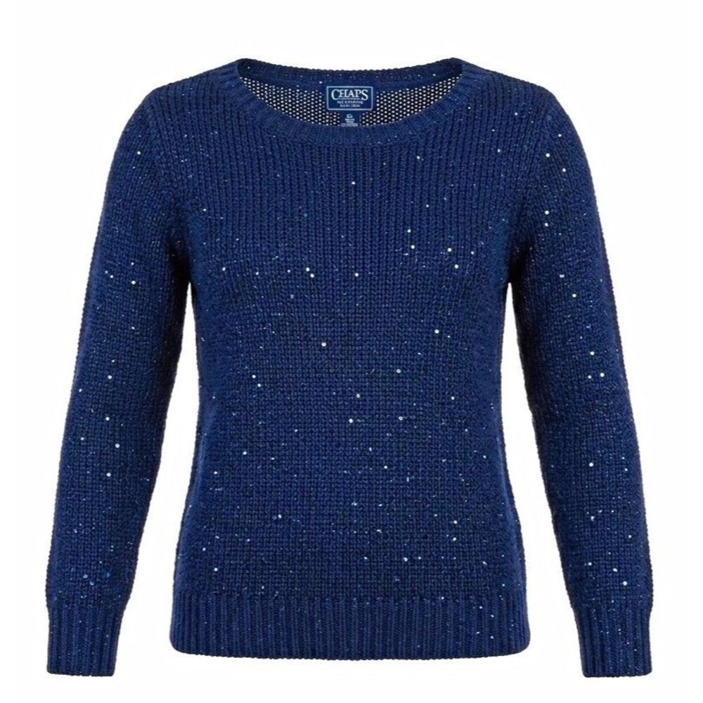 Chaps Classics Petite PS Blue preppy Sequin Knit Crew Neck Pullover Sweater